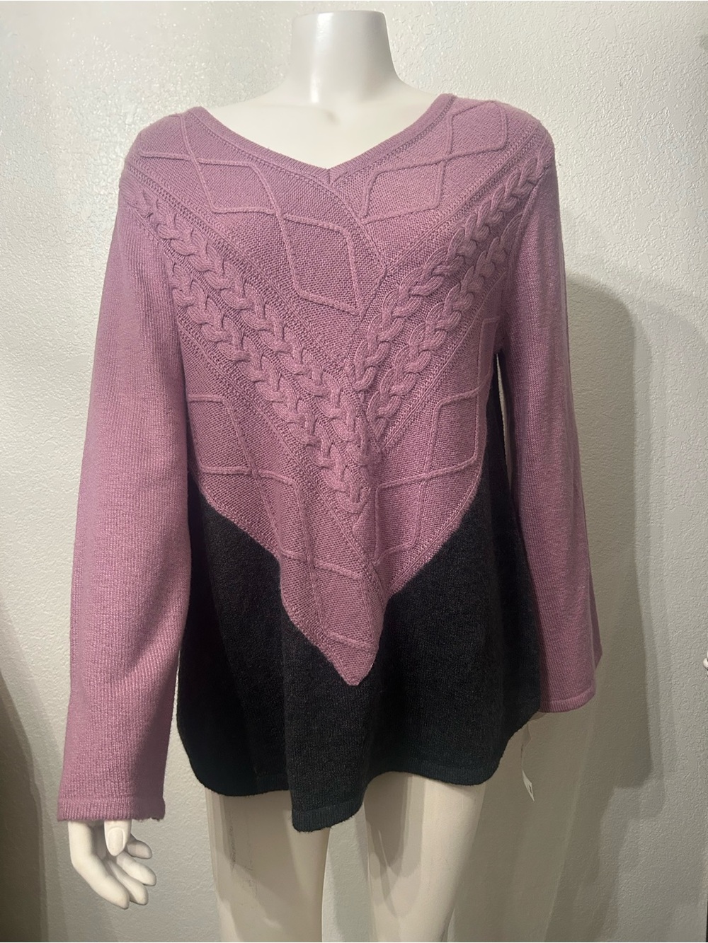Style & Co. Lavender and Black Cable-Detail V-Neck Sweater